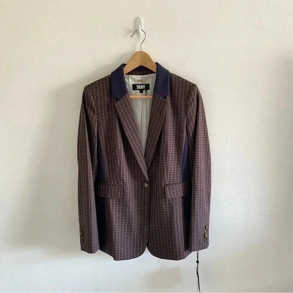 DKNY Women's Long Sleeve One Button Check Jacket Toffee Sz 6 - Picture 2 of 11